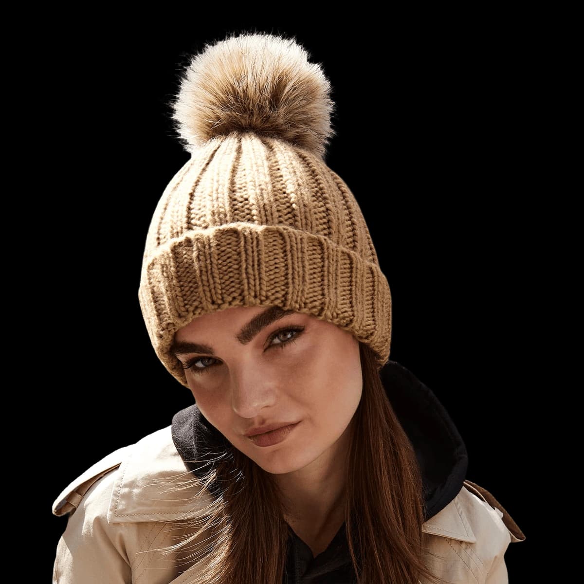 Fur pop pom chunky beanie