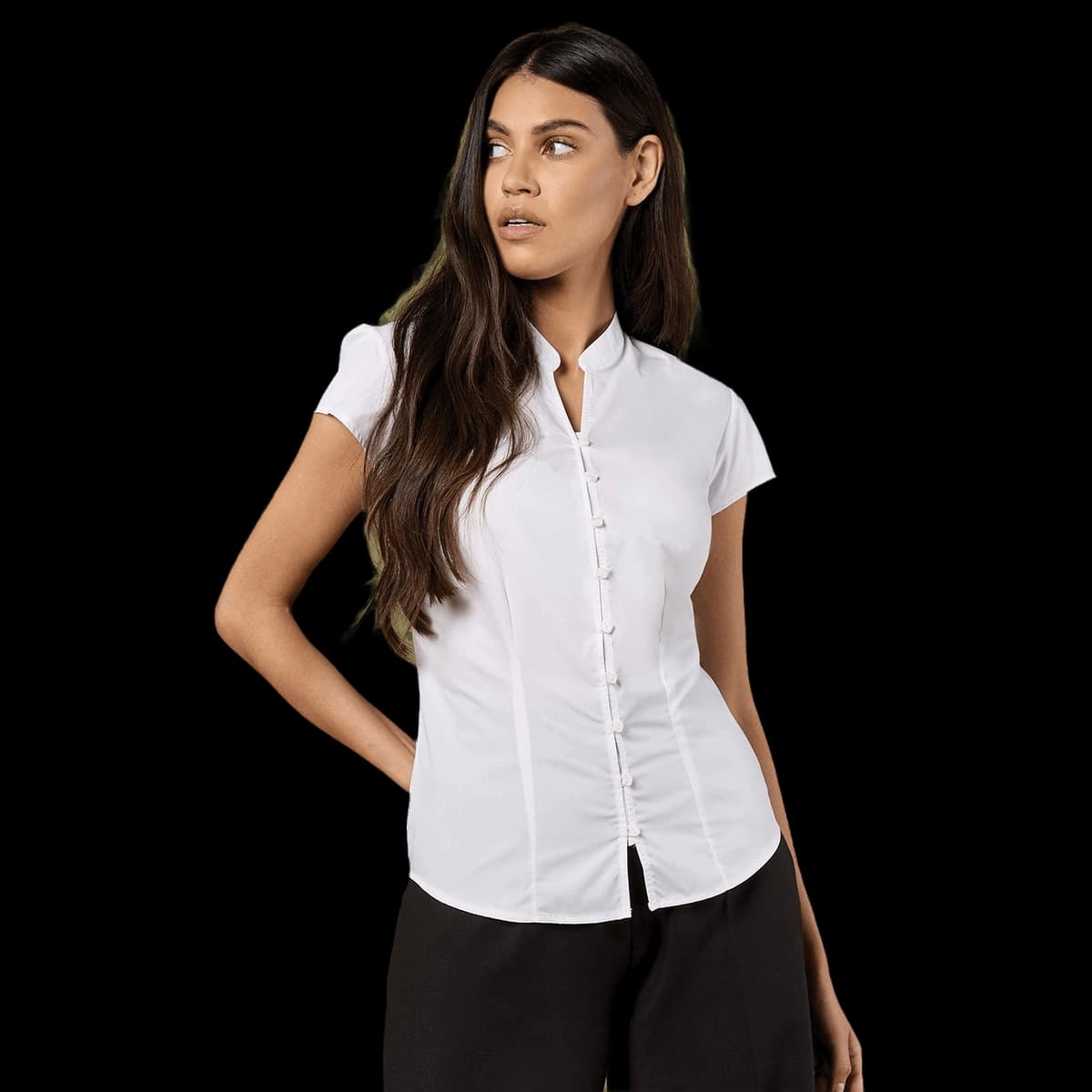 Women's continental blouse mandarin collar cap sleeve (tailored fit)