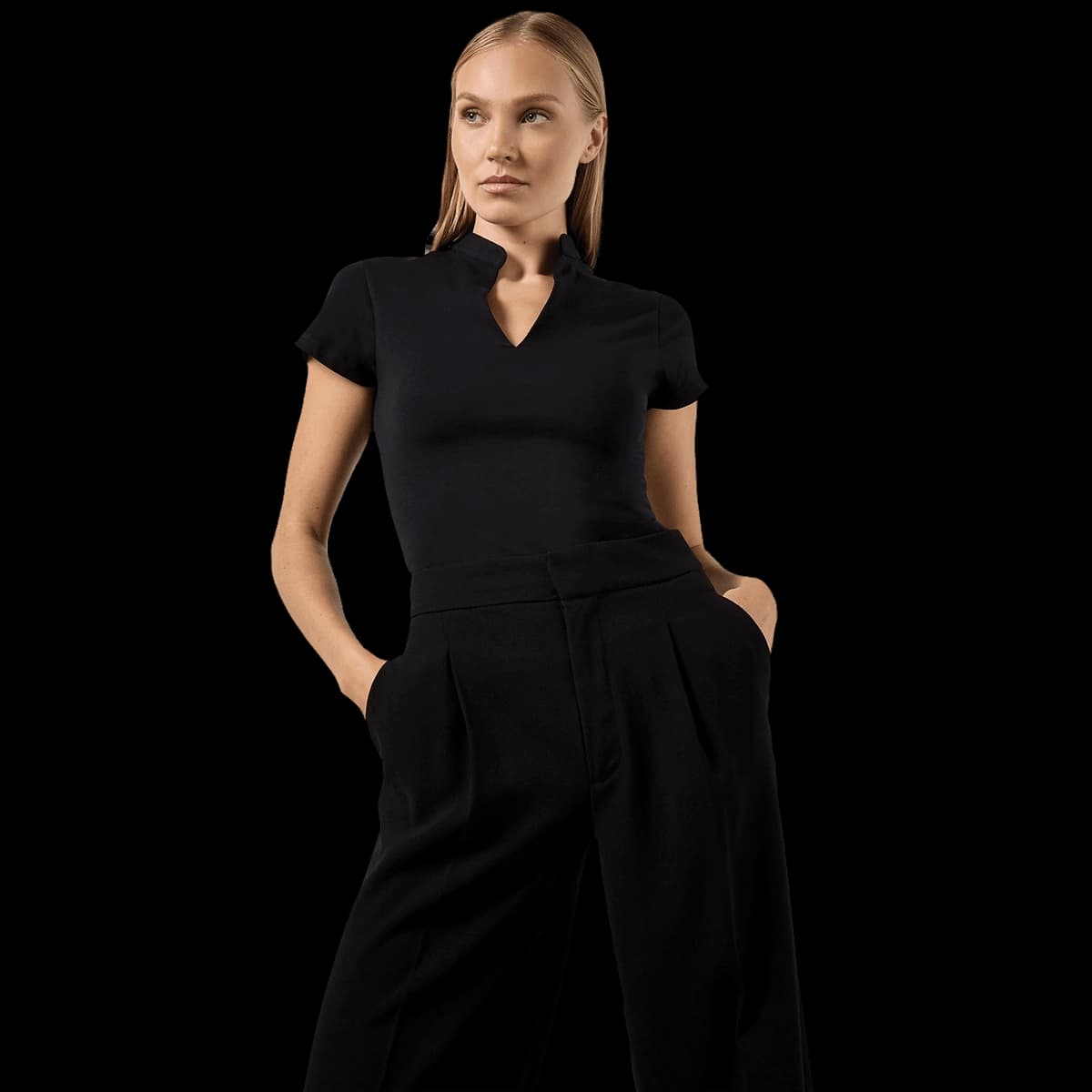 Women's corporate short-sleeved top v-neck mandarin collar (regular fit)